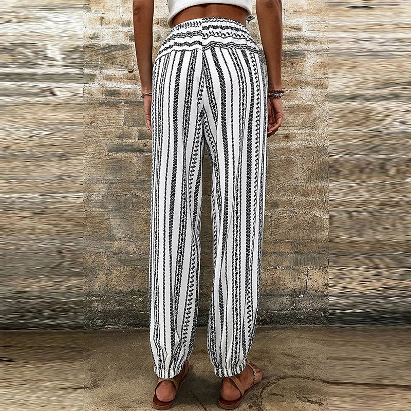 Women's high-waisted striped boho summer pants with drawstring waist