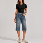 Women's high-waisted wide-leg denim Bermuda shorts