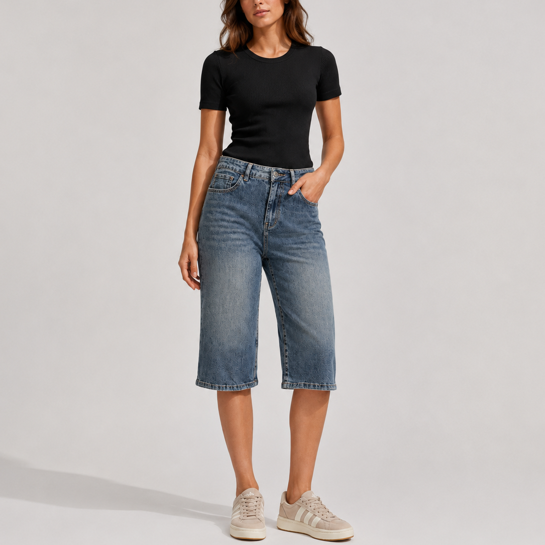 Women's high-waisted wide-leg denim Bermuda shorts