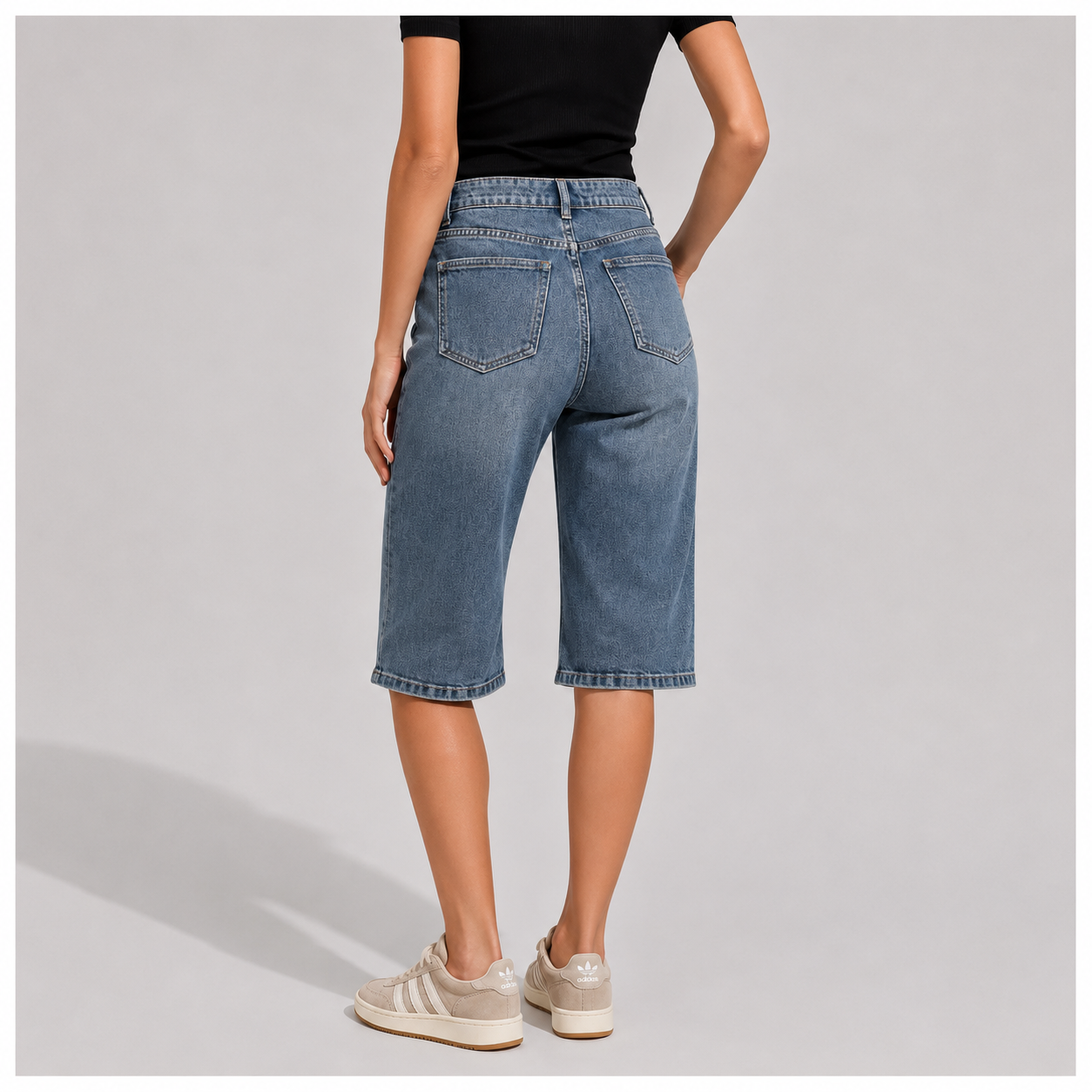 Women's high-waisted wide-leg denim Bermuda shorts