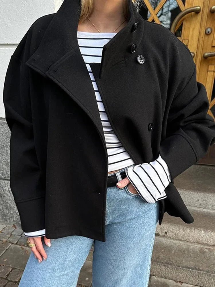 Women's jacket with stand-up collar and front fastening