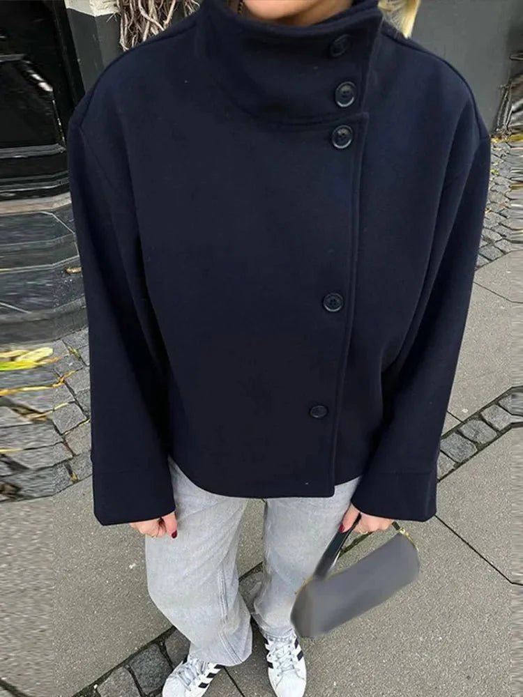 Women's jacket with stand-up collar and front fastening