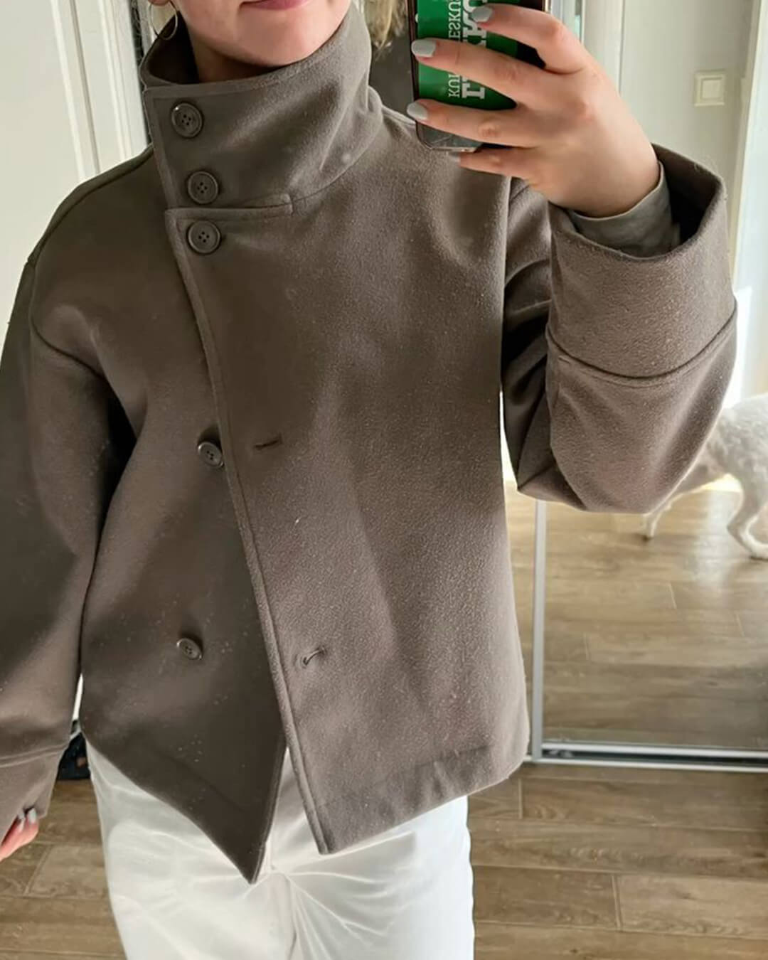Women's jacket with stand-up collar and front fastening