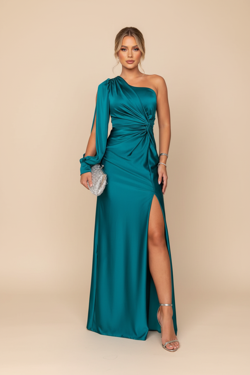 Women's knot front maxi wedding guest dress with one-shoulder sleeve and slit