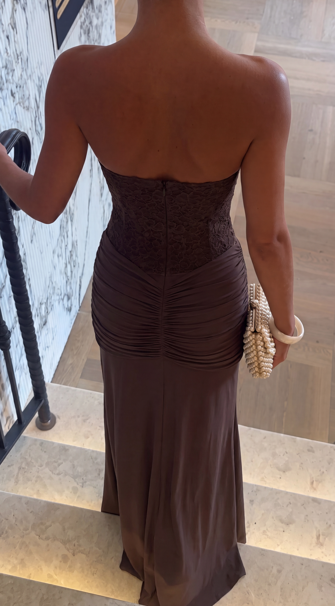 Women's lace corset maxi evening dress with ruched skirt