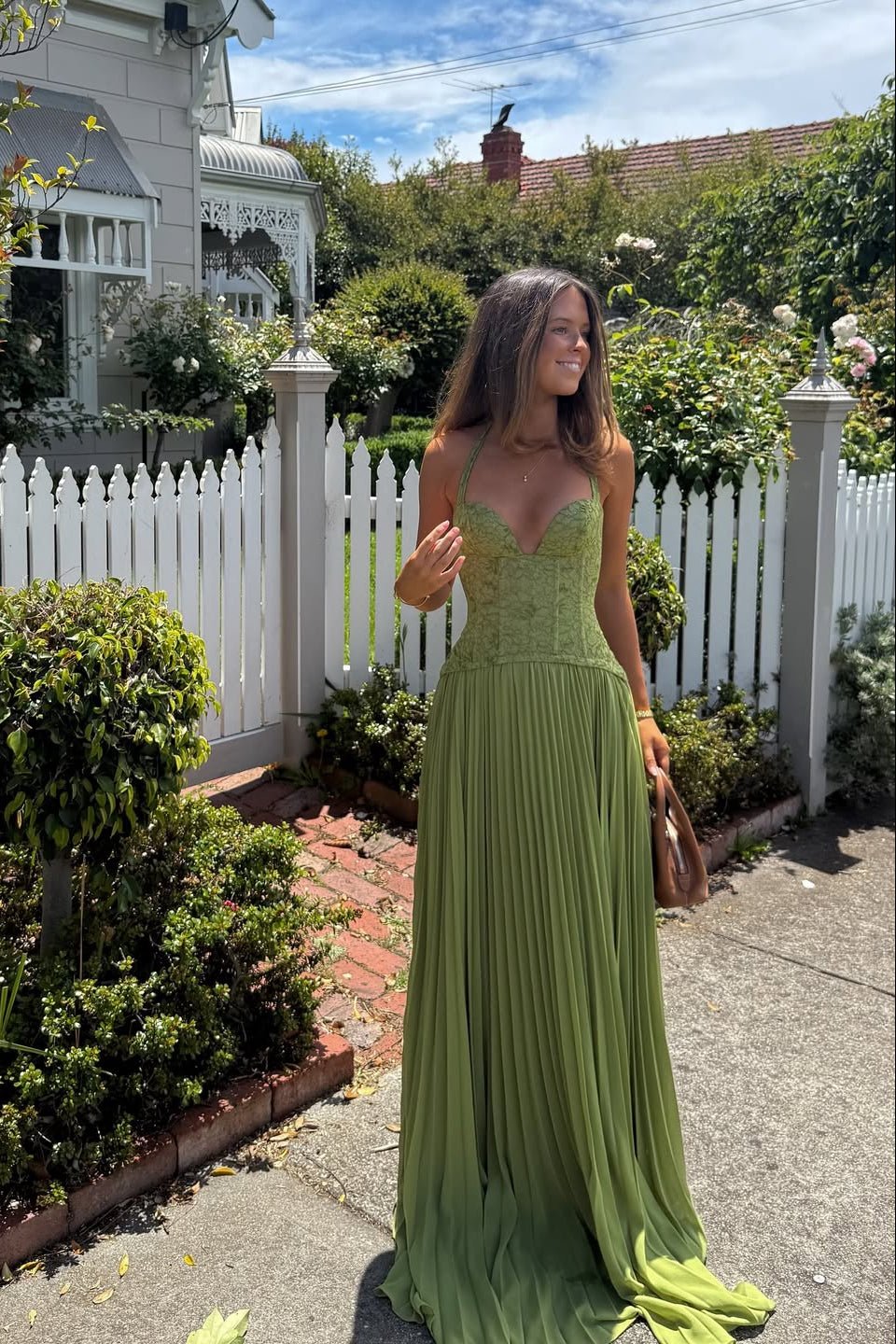 Women's lace corset sweetheart maxi formal dress with pleated skirt