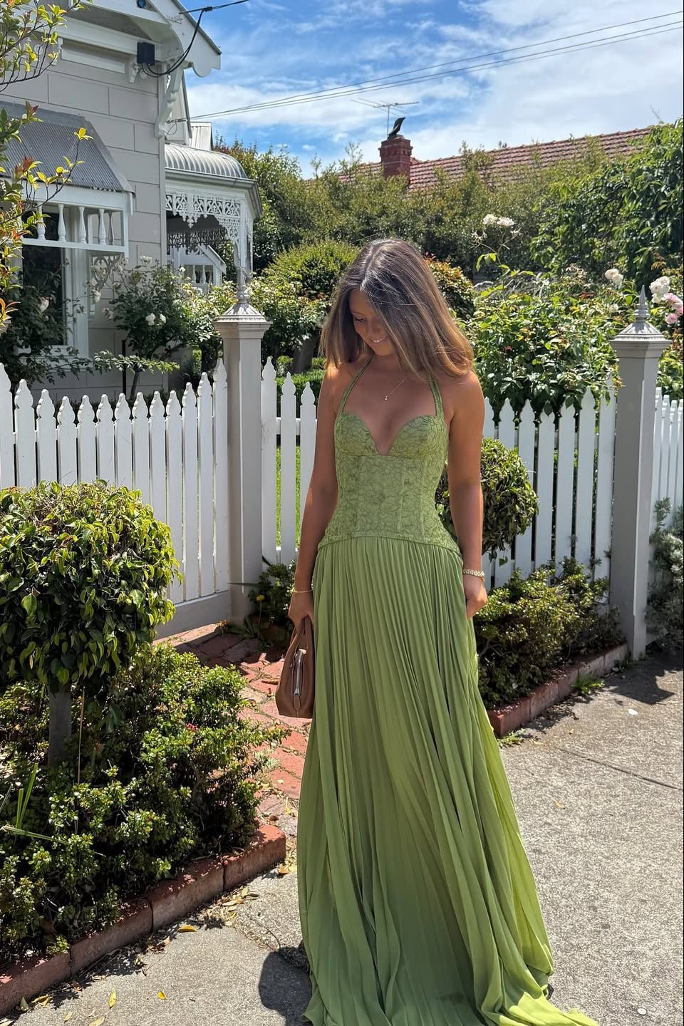 Women's lace corset sweetheart maxi formal dress with pleated skirt