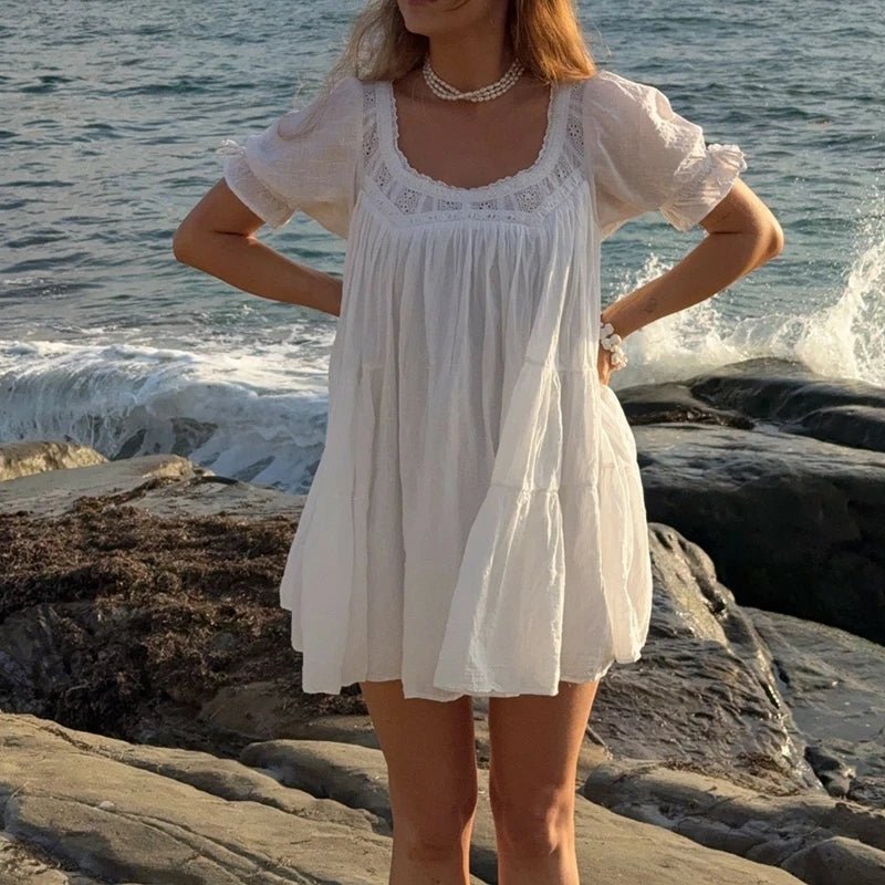 Women's lace trim puff sleeve mini summer dress
