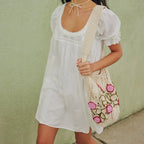 Women's lace trim puff sleeve mini summer dress