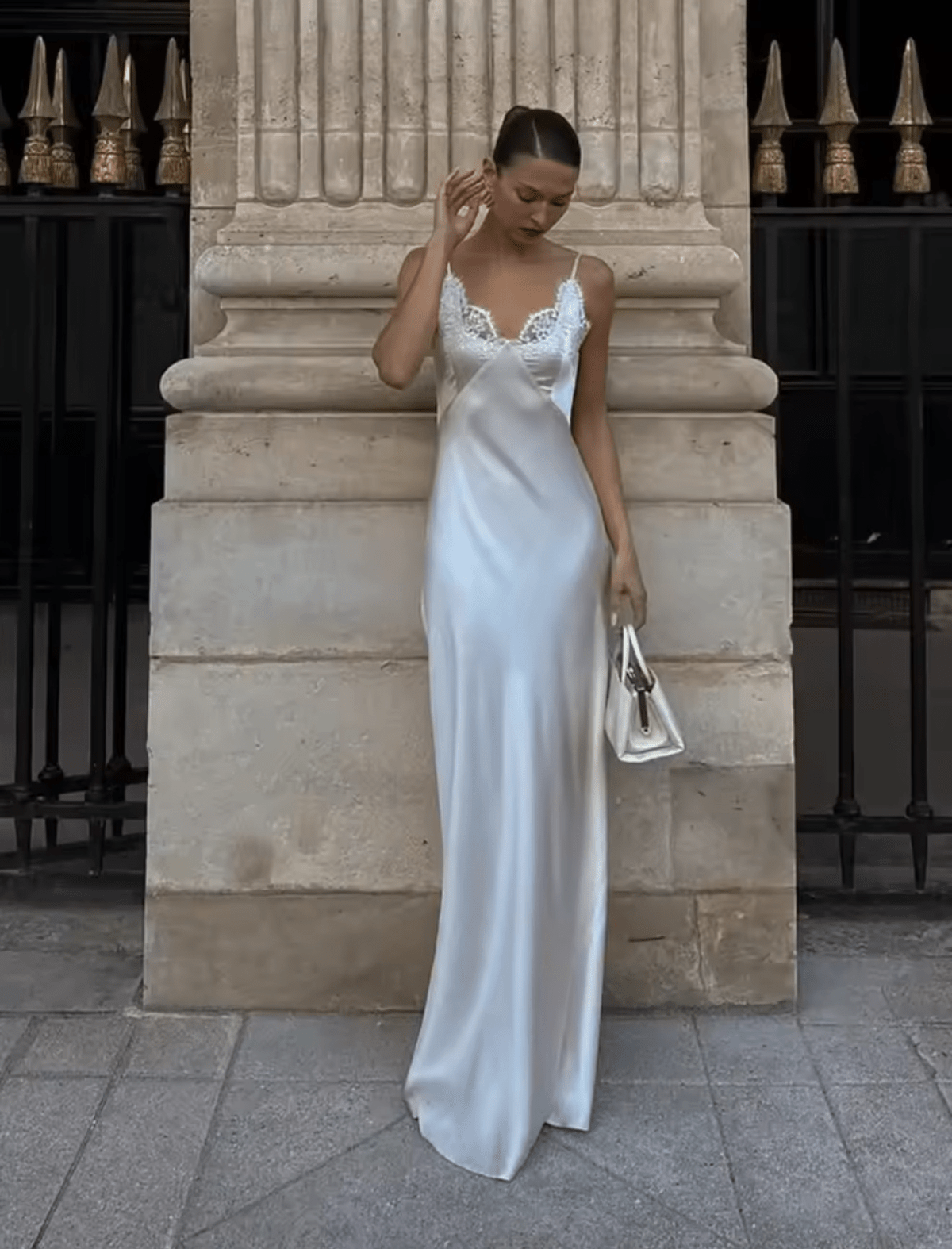 Women's lace trim V-neck maxi wedding guest dress