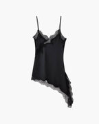 Women's lace trim V-neck mini cocktail dress with asymmetric hem