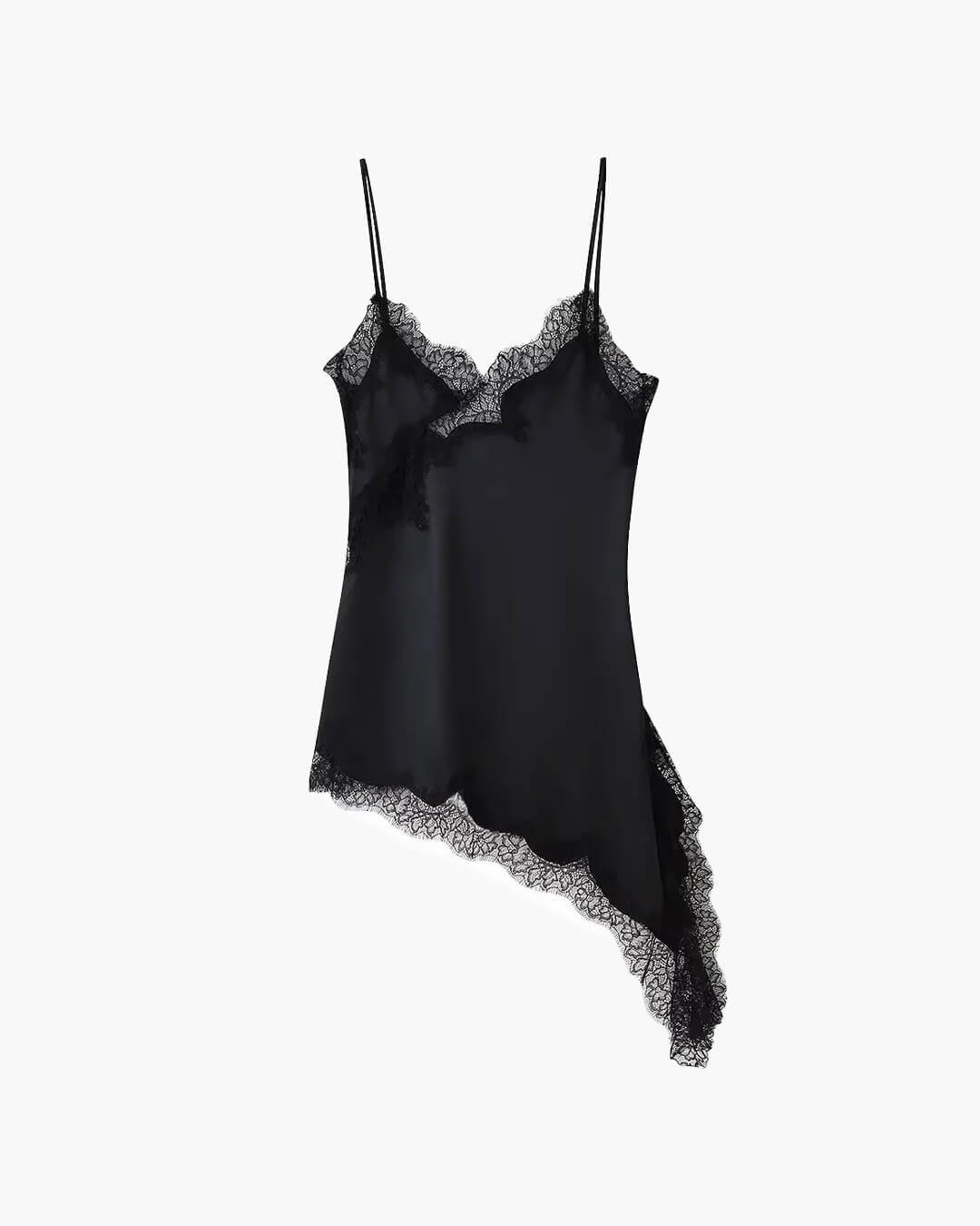 Women's lace trim V-neck mini cocktail dress with asymmetric hem