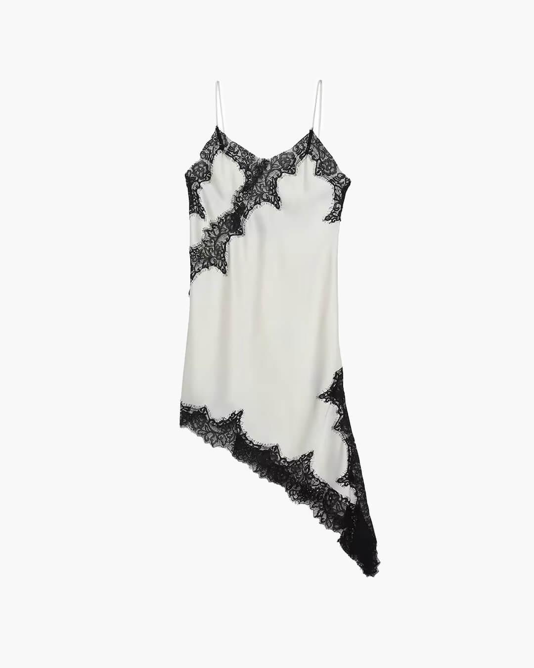 Women's lace trim V-neck mini cocktail dress with asymmetric hem