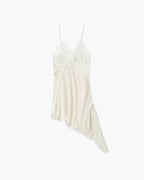 Women's lace trim V-neck mini cocktail dress with asymmetric hem