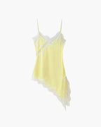 Women's lace trim V-neck mini cocktail dress with asymmetric hem