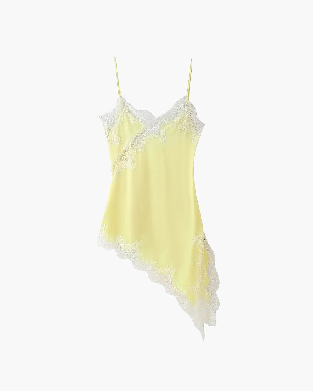 Women's lace trim V-neck mini cocktail dress with asymmetric hem