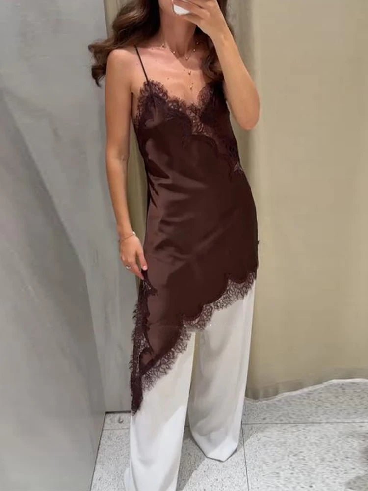 Women's lace trim V-neck mini cocktail dress with asymmetric hem