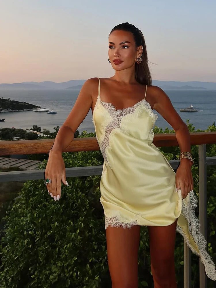Women's lace trim V-neck mini cocktail dress with asymmetric hem