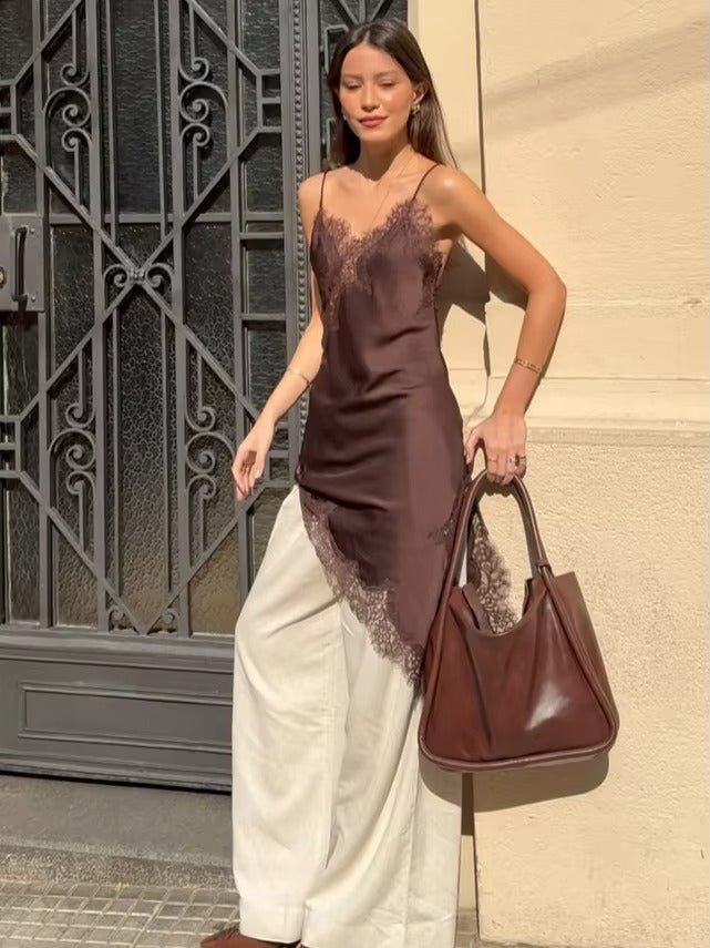Women's lace trim V-neck mini cocktail dress with asymmetric hem