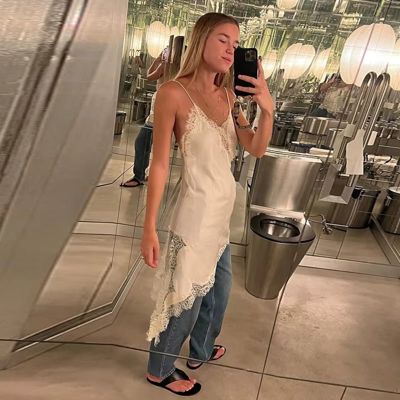 Women's lace trim V-neck mini cocktail dress with asymmetric hem