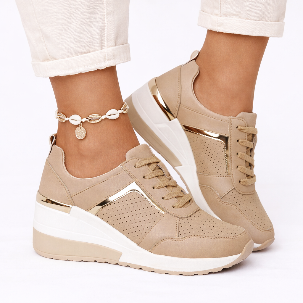 Women's lace-up wedge sneakers with gold metallic detail