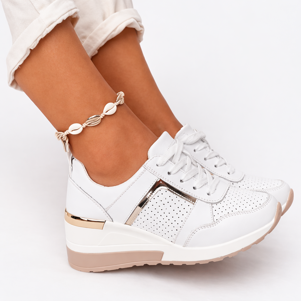 Women's lace-up wedge sneakers with gold metallic detail