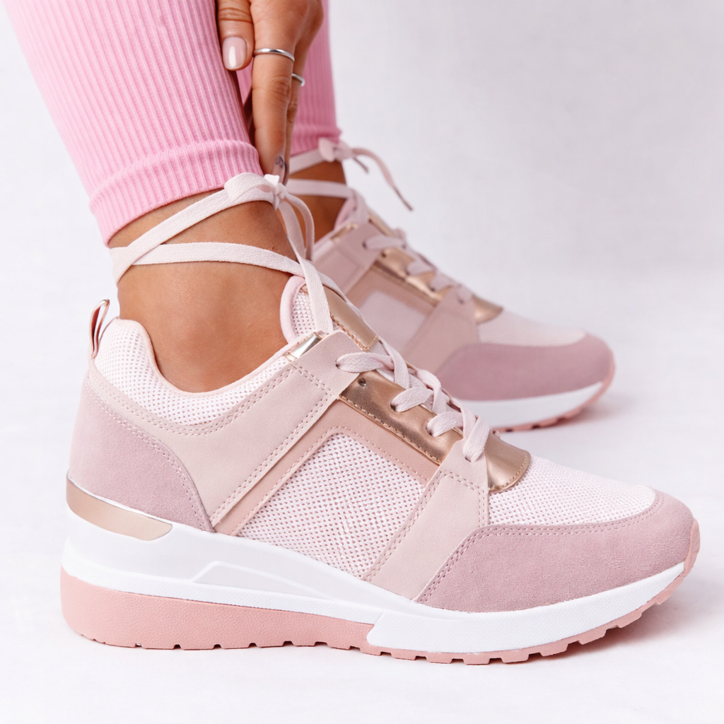Women's lace-up wedge sneakers with gold metallic detail