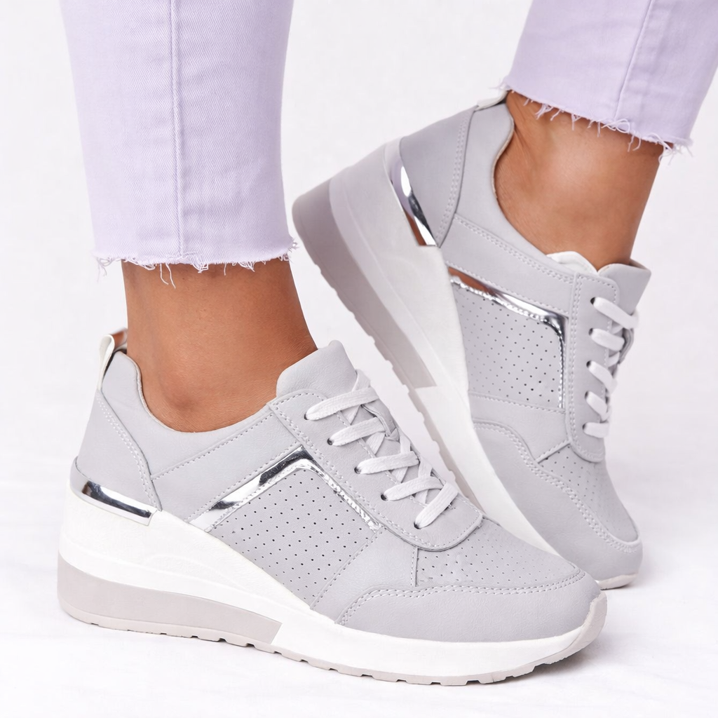 Women's lace-up wedge sneakers with gold metallic detail
