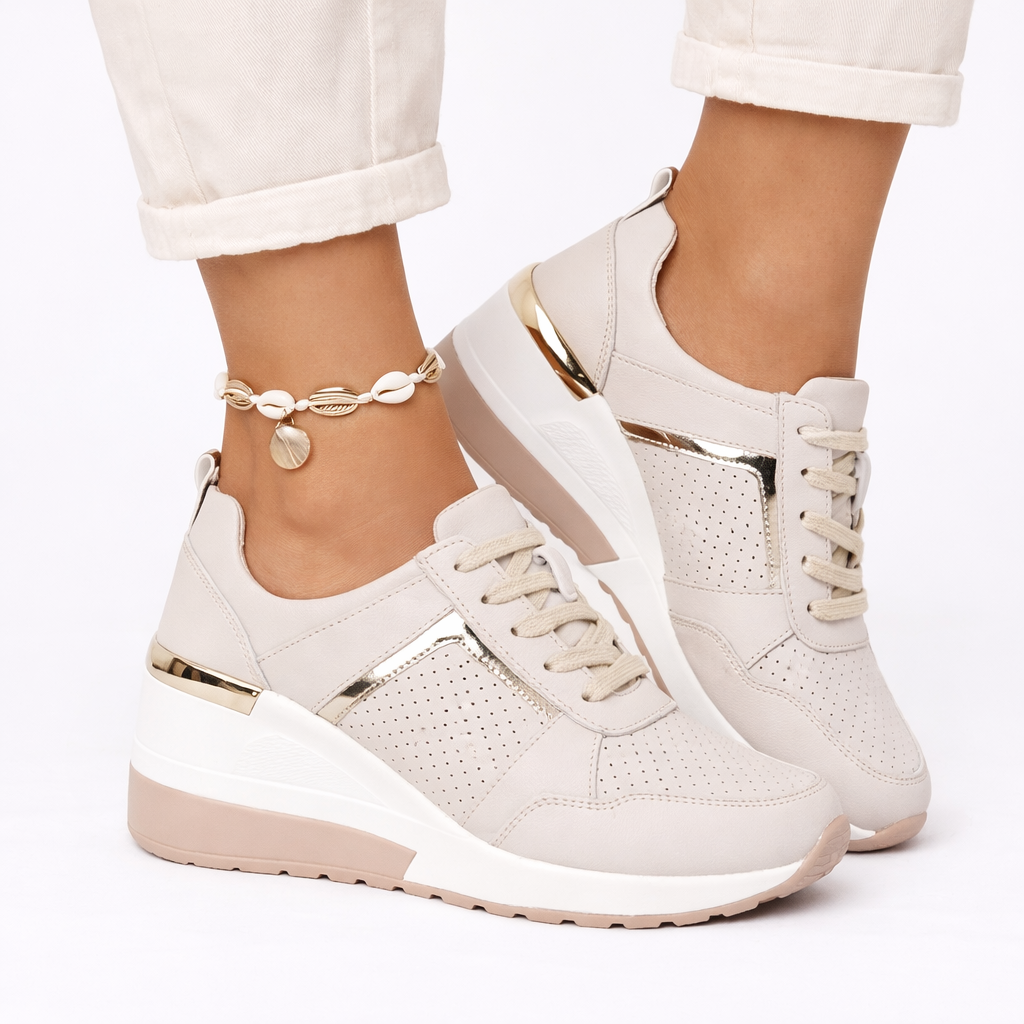 Women's lace-up wedge sneakers with gold metallic detail