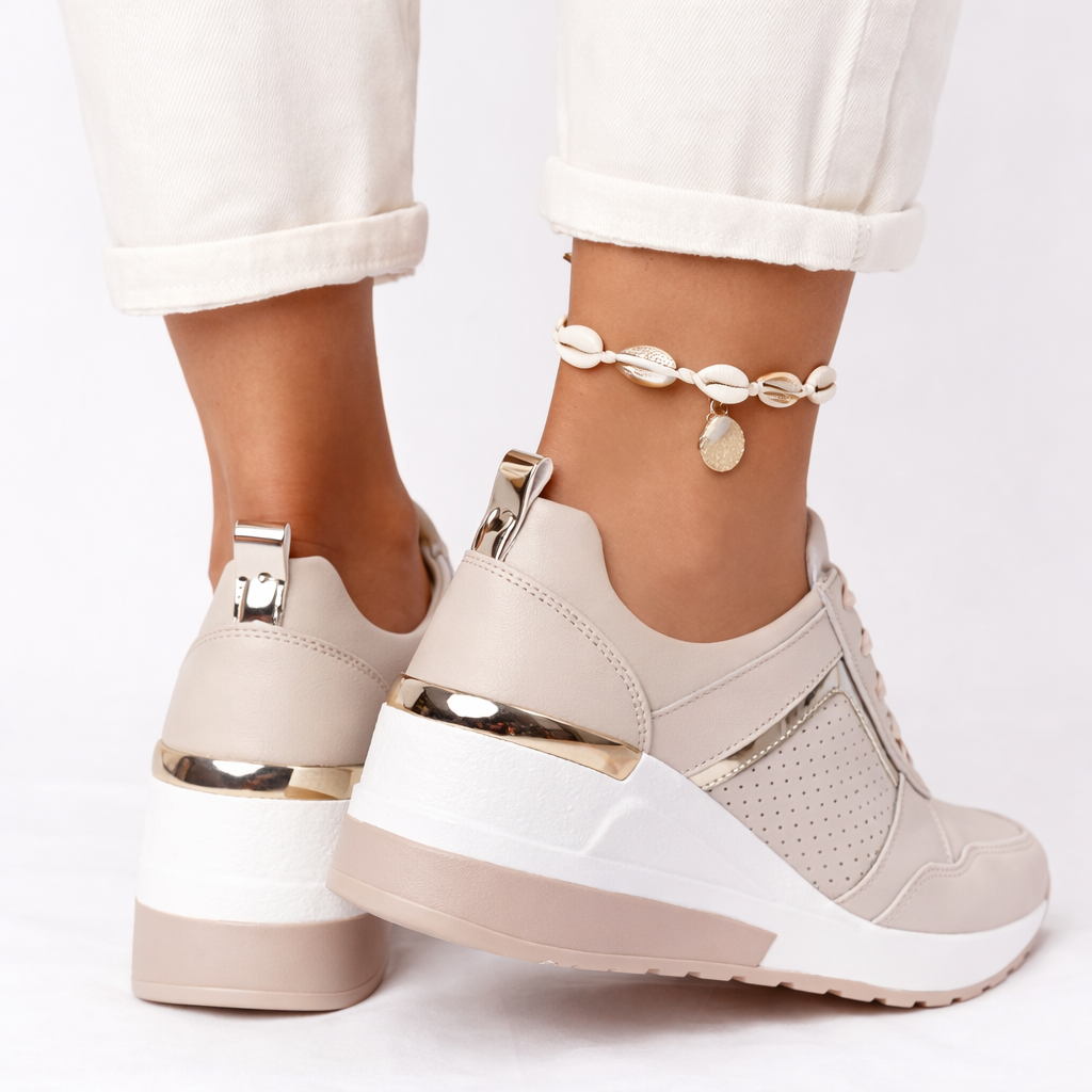 Women's lace-up wedge sneakers with gold metallic detail