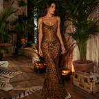 Women's leopard backless see-through maxi dress