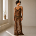 Women's leopard backless see-through maxi dress