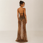 Women's leopard backless see-through maxi dress