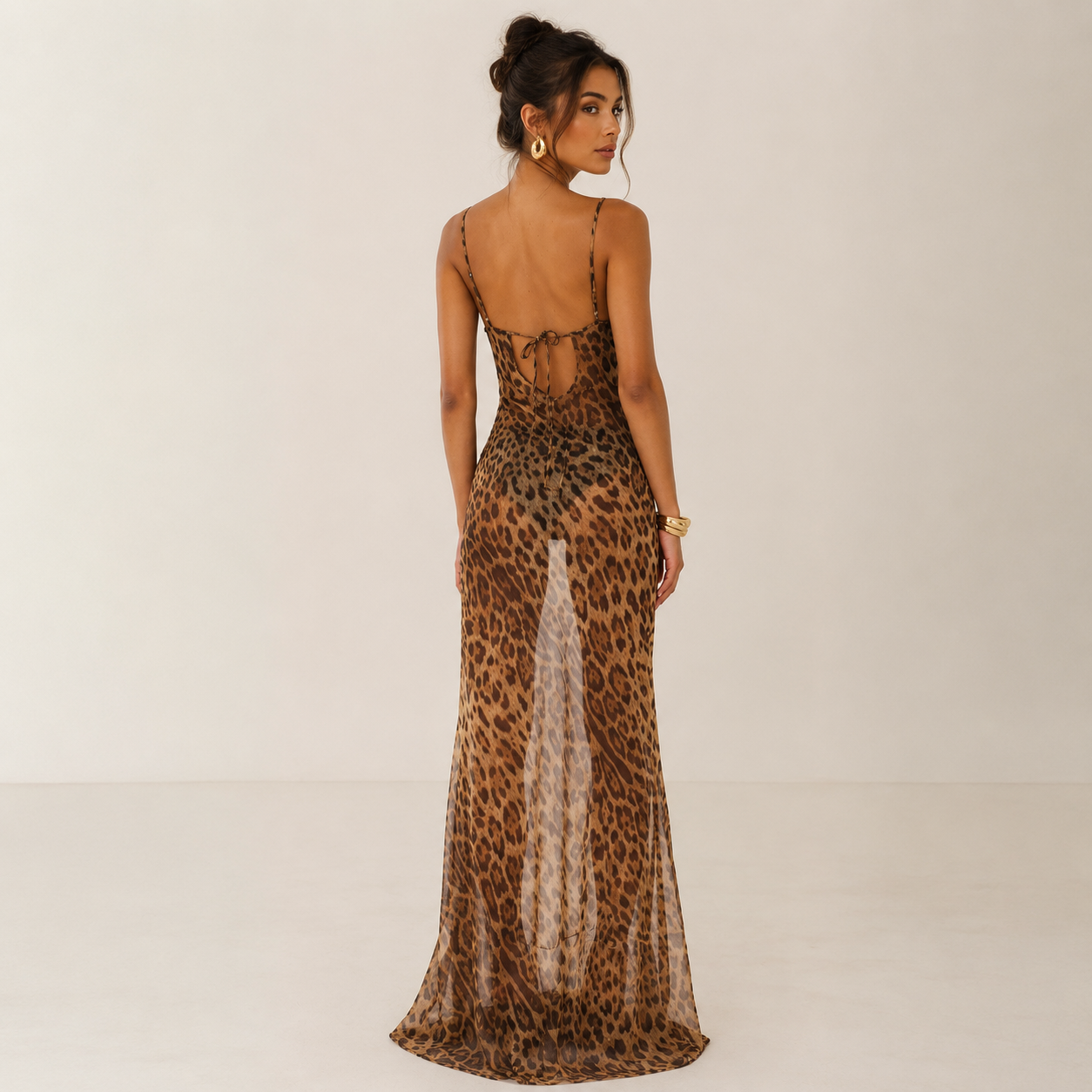 Women's leopard backless see-through maxi dress