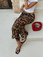 Women's leopard print ruched maxi skirt