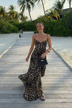 Women's leopard print sweetheart maxi dress with spaghetti straps
