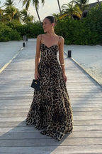 Women's leopard print sweetheart maxi dress with spaghetti straps