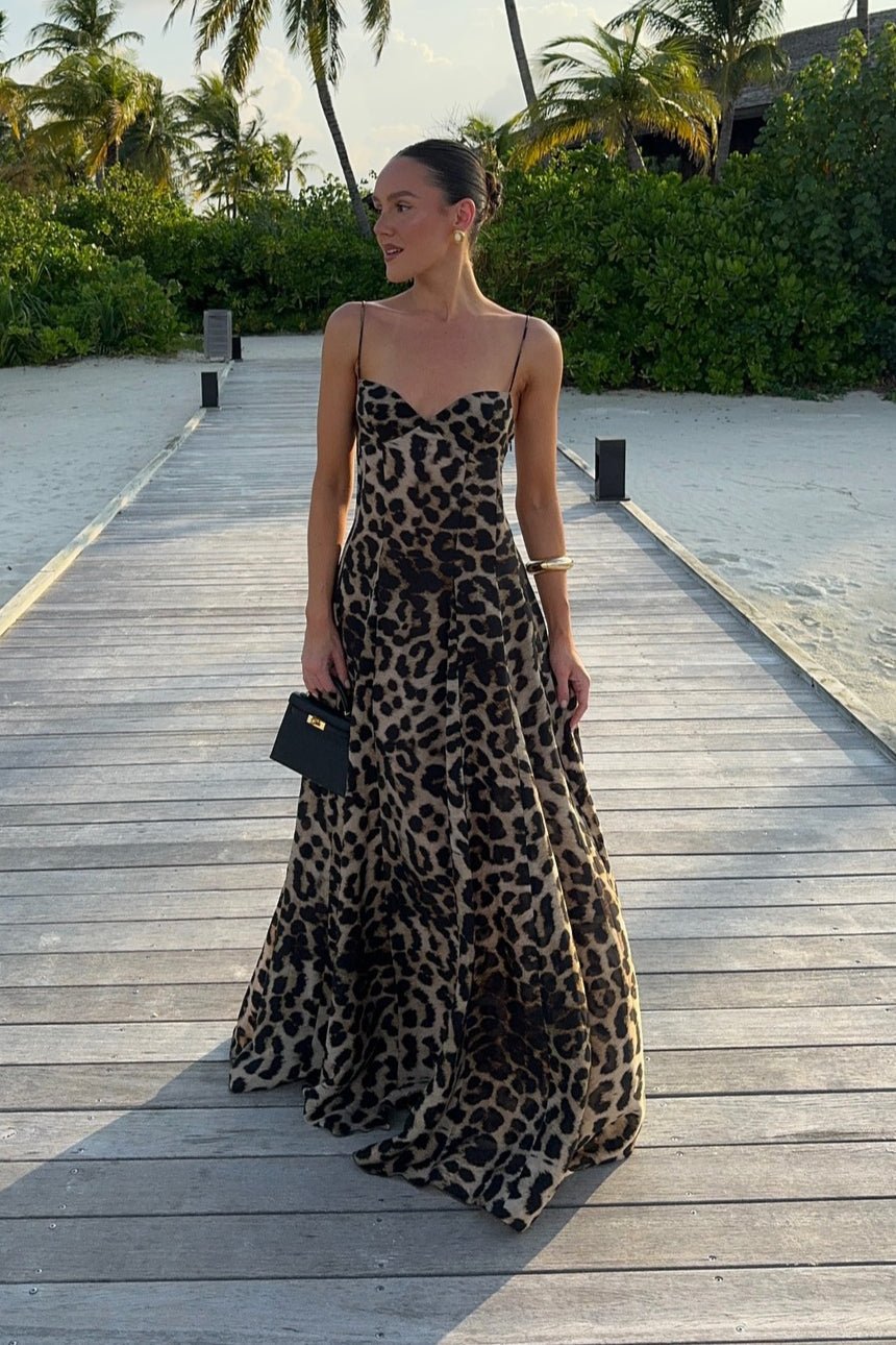 Women's leopard print sweetheart maxi dress with spaghetti straps