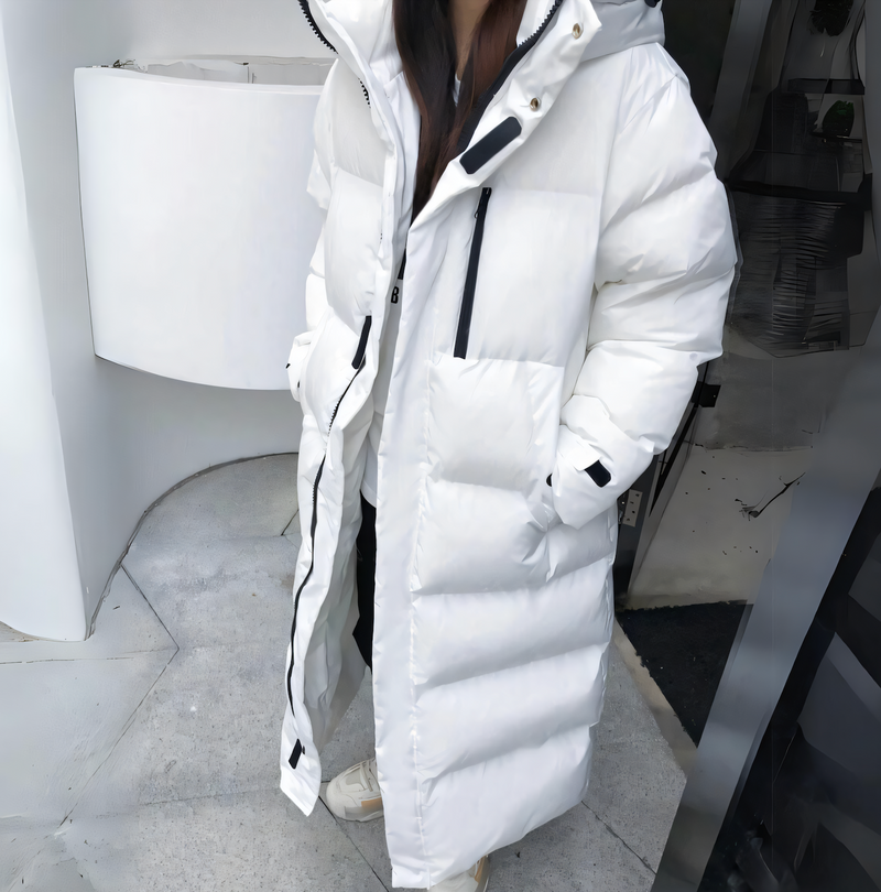 Women's long down jacket with rainproof finish