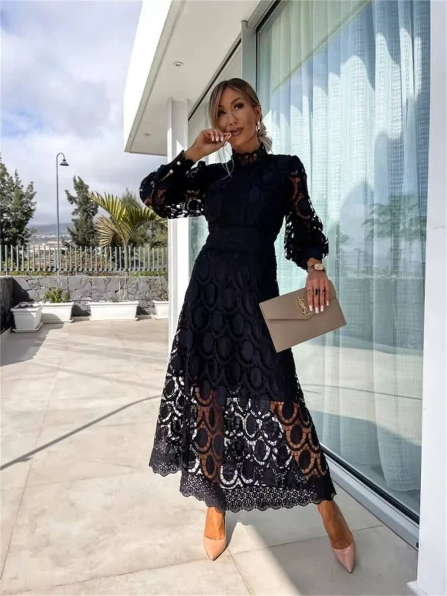 Women's long sleeve lace maxi wedding guest dress