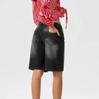 Women's low-rise longline denim shorts with wide leg
