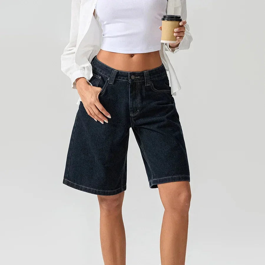 Women's low-rise longline denim shorts with wide leg