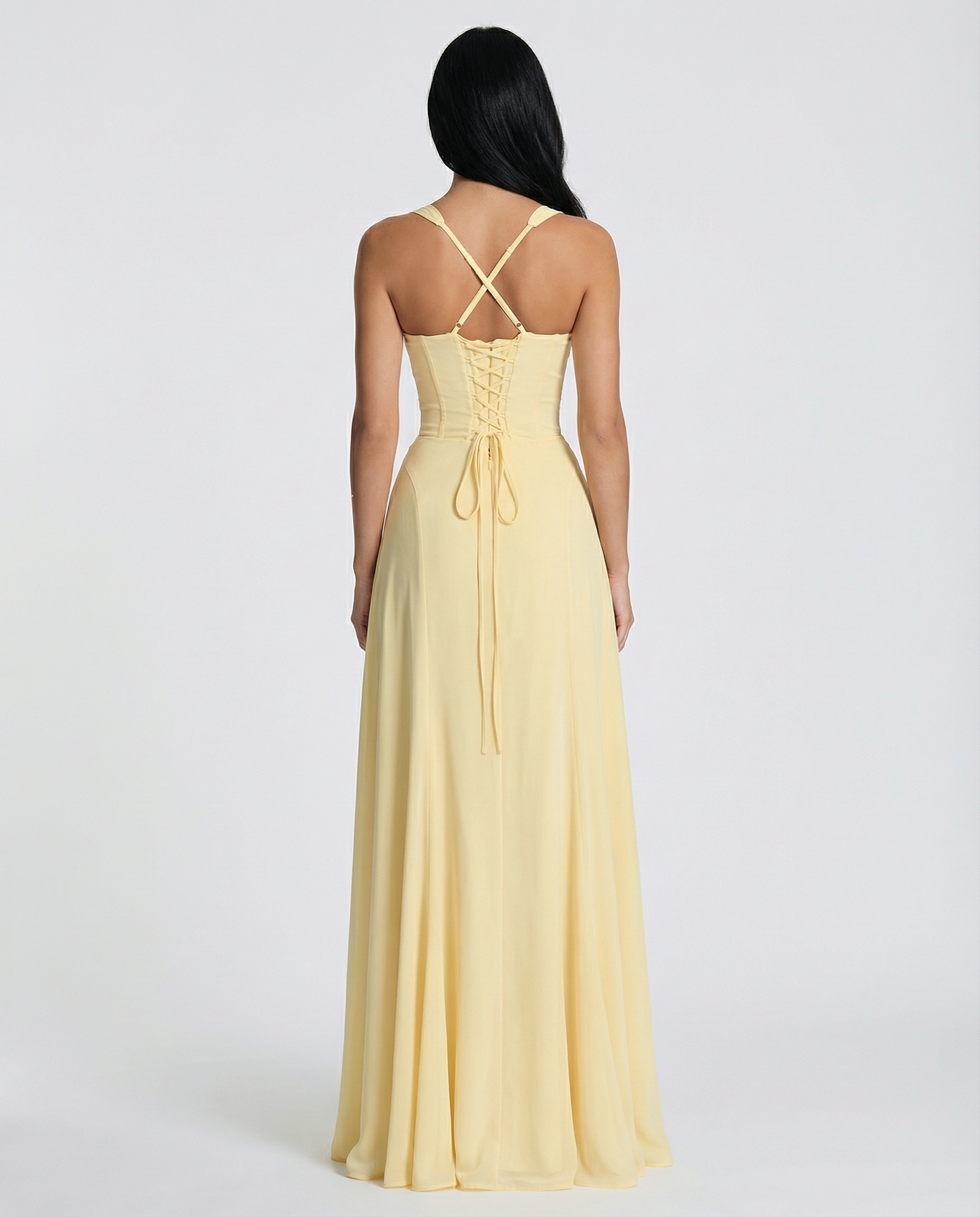 Women's maxi dress with corset bodice and lace-up back