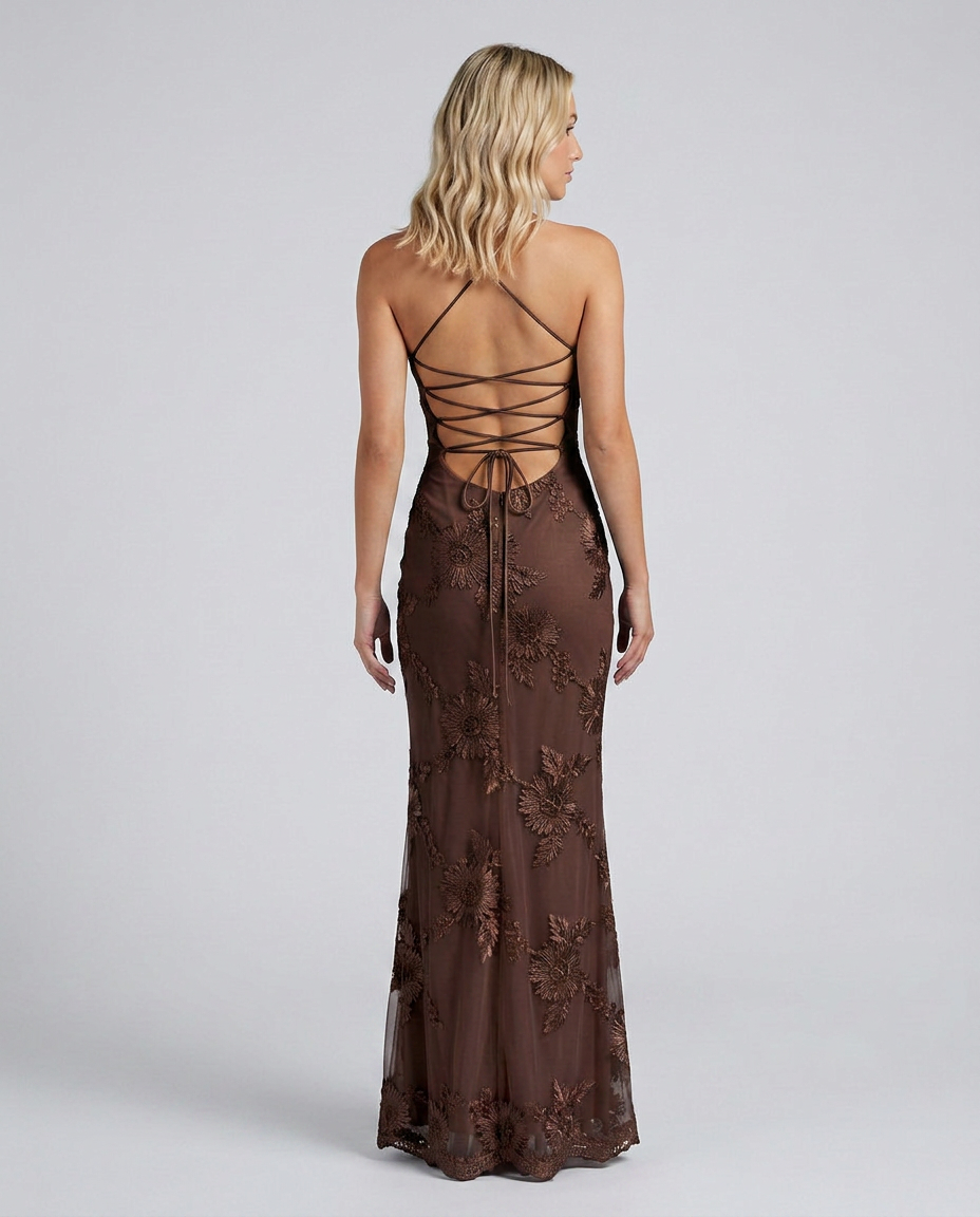 Women's maxi dress with floral appliqué and lace-up back