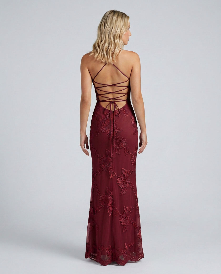 Women's maxi dress with floral appliqué and lace-up back