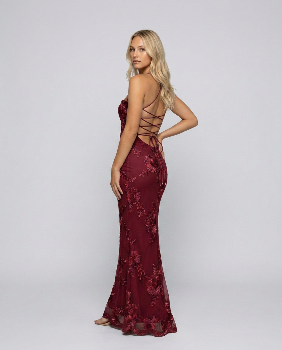 Women's maxi dress with floral appliqué and lace-up back