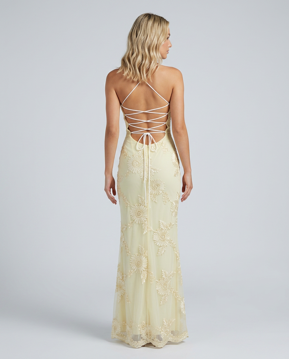 Women's maxi dress with floral appliqué and lace-up back