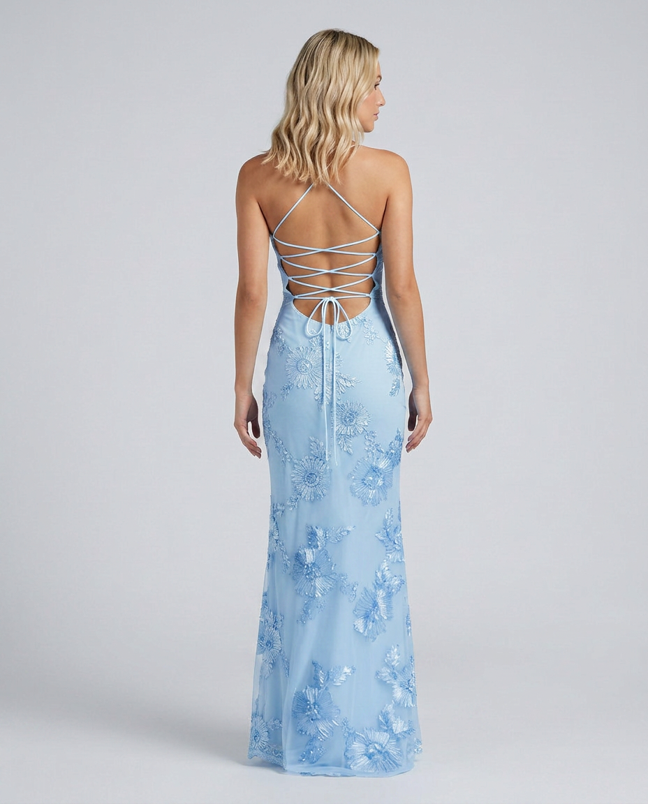 Women's maxi dress with floral appliqué and lace-up back