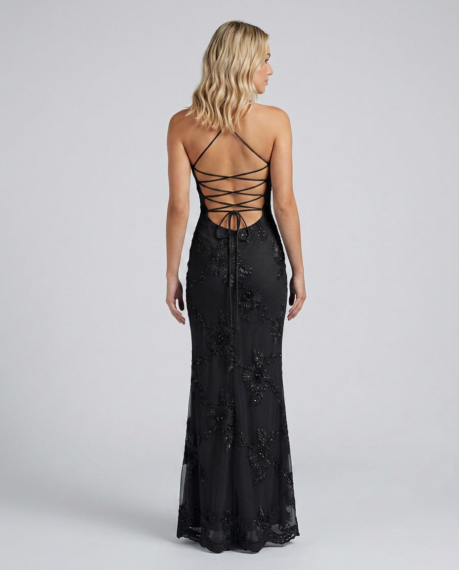 Women's maxi dress with floral appliqué and lace-up back