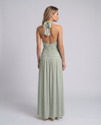 Women's maxi dress with halter neck and ruched corset